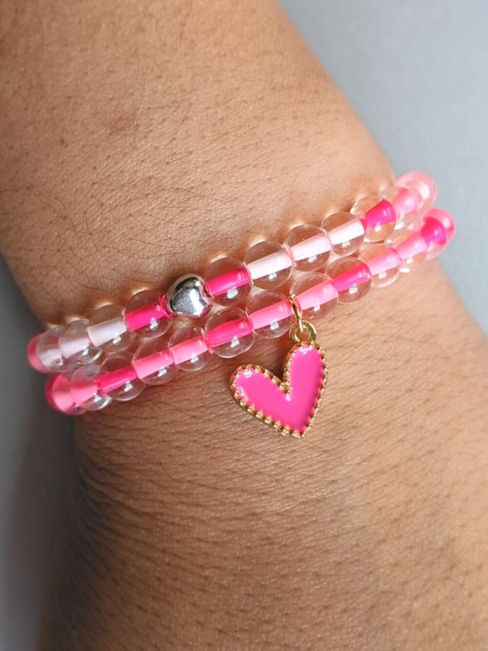 Pink Glass Heart Beaded Bracelet Stack (2-Piece Set)